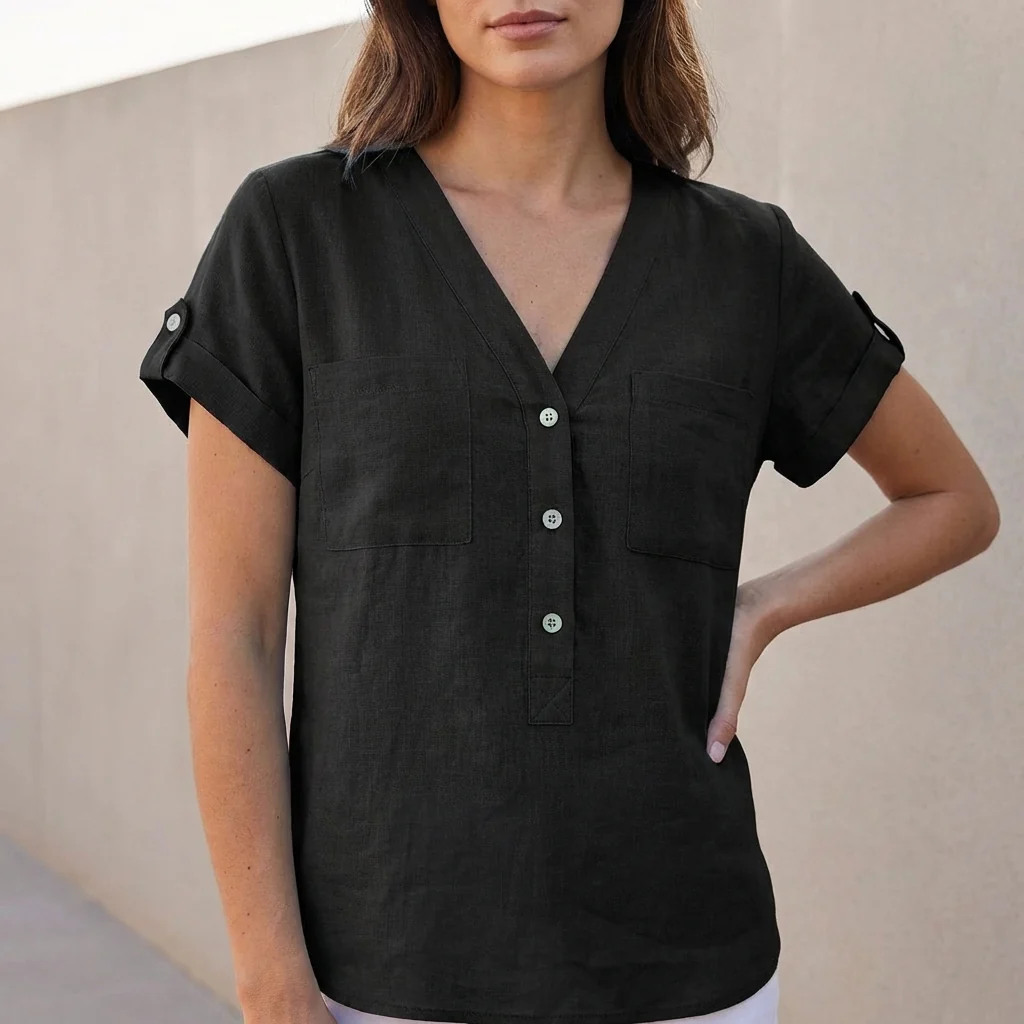 Isabella Relaxed Fit Button-Front Shirt | V-Neck Chest Pockets Shirt - Image 4