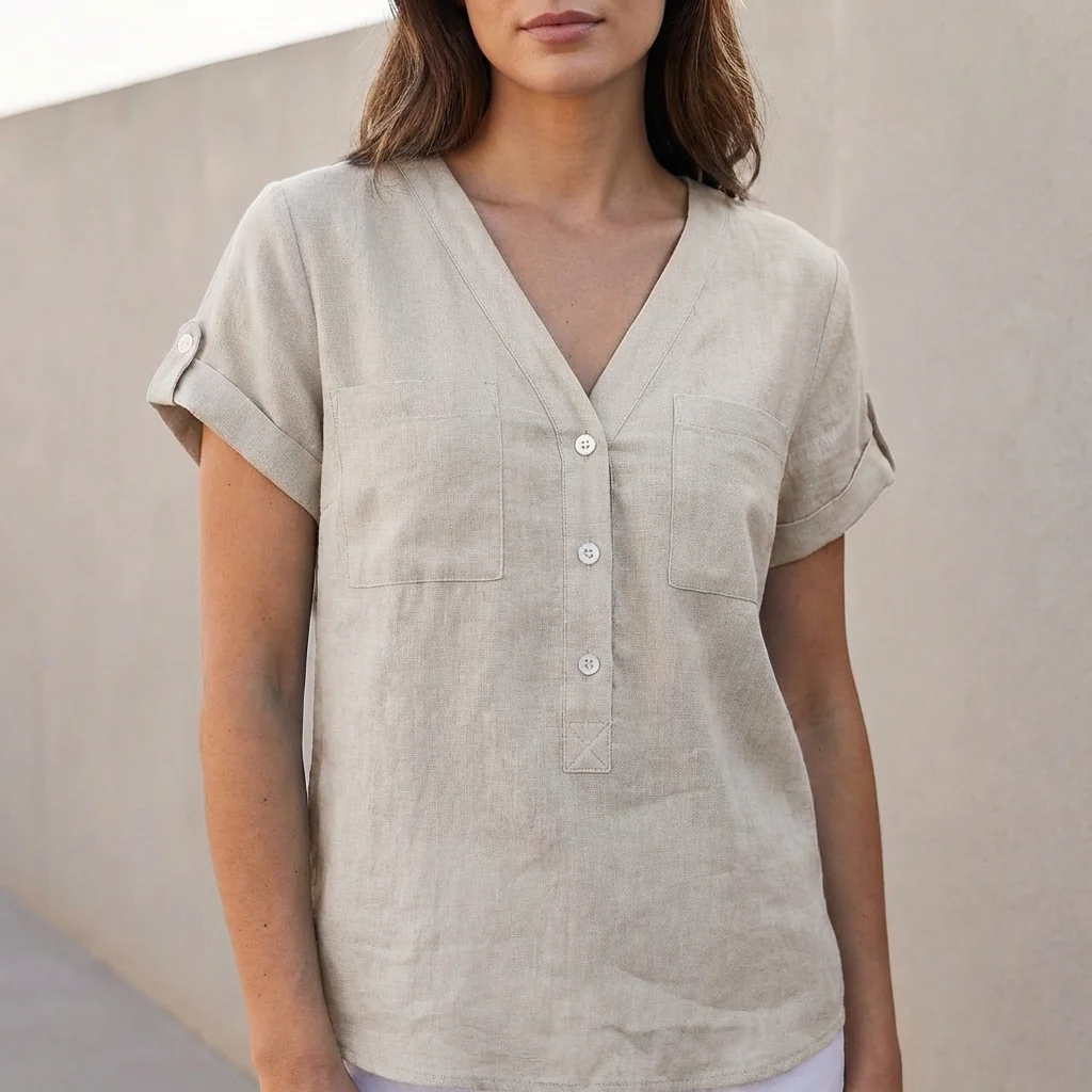 Isabella Relaxed Fit Button-Front Shirt | V-Neck Chest Pockets Shirt - Image 5