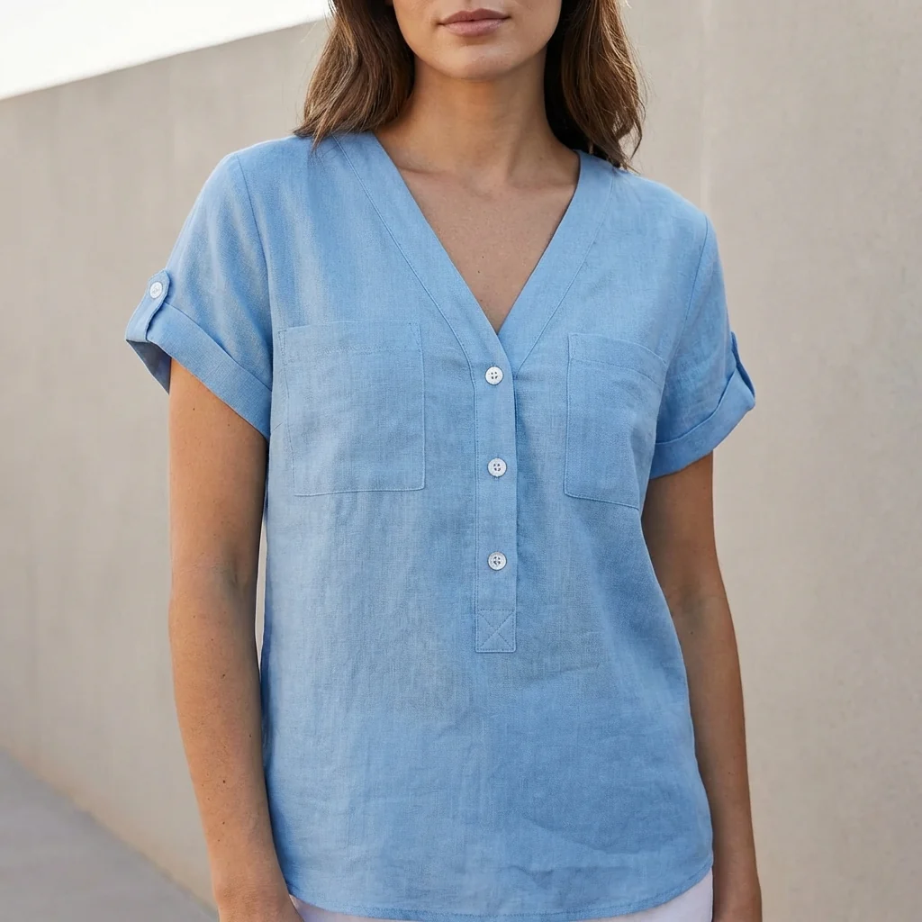 Isabella Relaxed Fit Button-Front Shirt | V-Neck Chest Pockets Shirt - Image 6