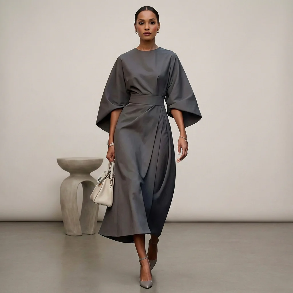 Isabella Relaxed Fit Dress | Round Neck Bat Sleeve Dress - Image 3
