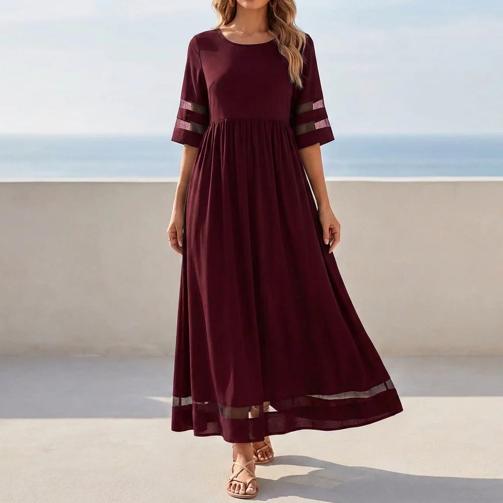 Isabella Relaxed Fit Maxi Dress | Mesh Panels Gathered Waist Dress - Image 2