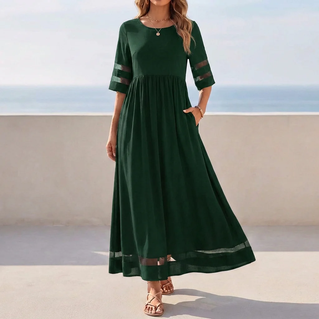 Isabella Relaxed Fit Maxi Dress | Mesh Panels Gathered Waist Dress - Image 3