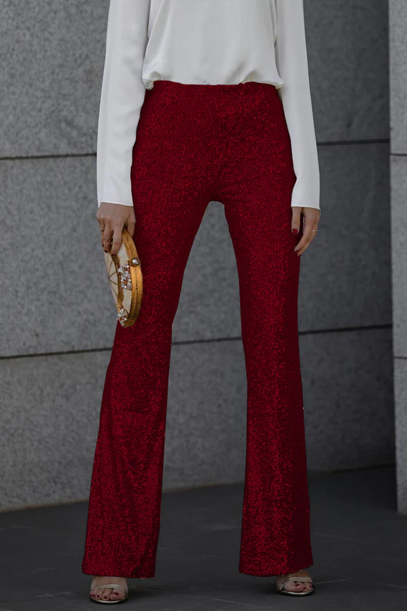 Isabella Sequined High-Waisted Flared Trousers | Solid Full-Length Trousers - Image 2