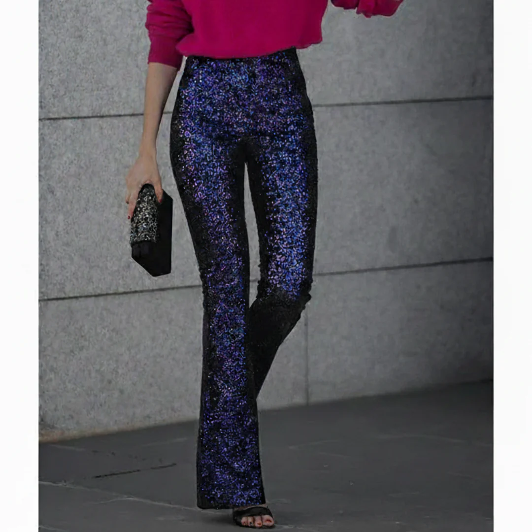 Isabella Sequined High-Waisted Flared Trousers | Solid Full-Length Trousers - Image 4