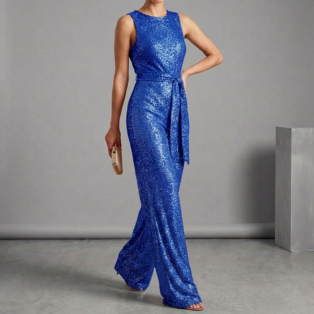 Isabella Wide Leg Glitter Embellished Jumpsuit | Belted Sleeveless Jumpsuit - Image 3