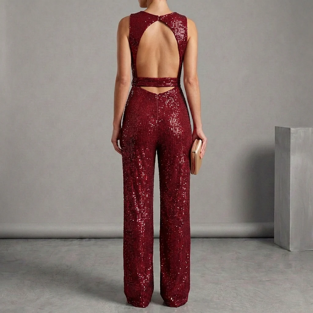 Isabella Wide Leg Glitter Embellished Jumpsuit | Belted Sleeveless Jumpsuit - Image 6