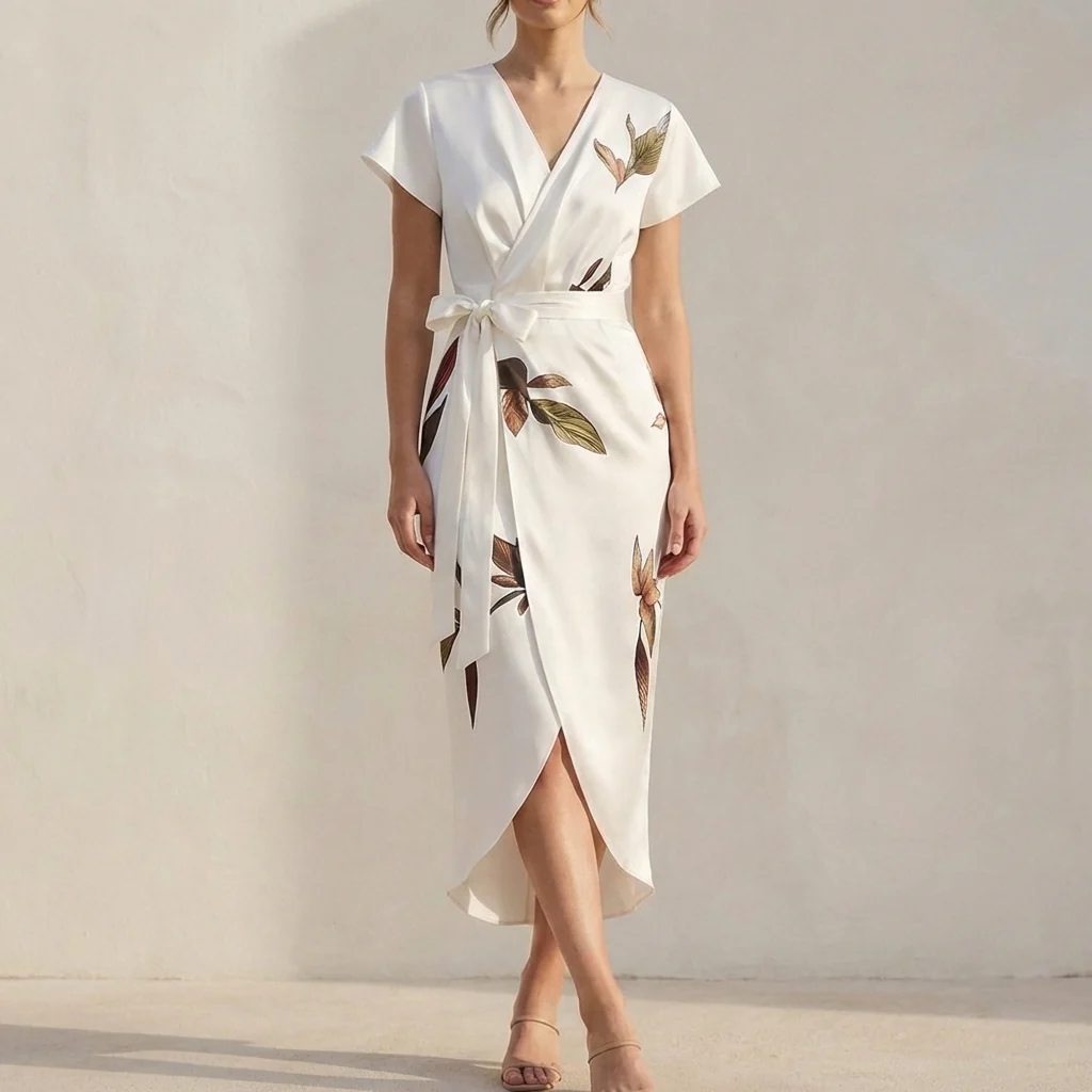 Isabella Wrap Dress | Leaf Print V-Neck Midi Dress