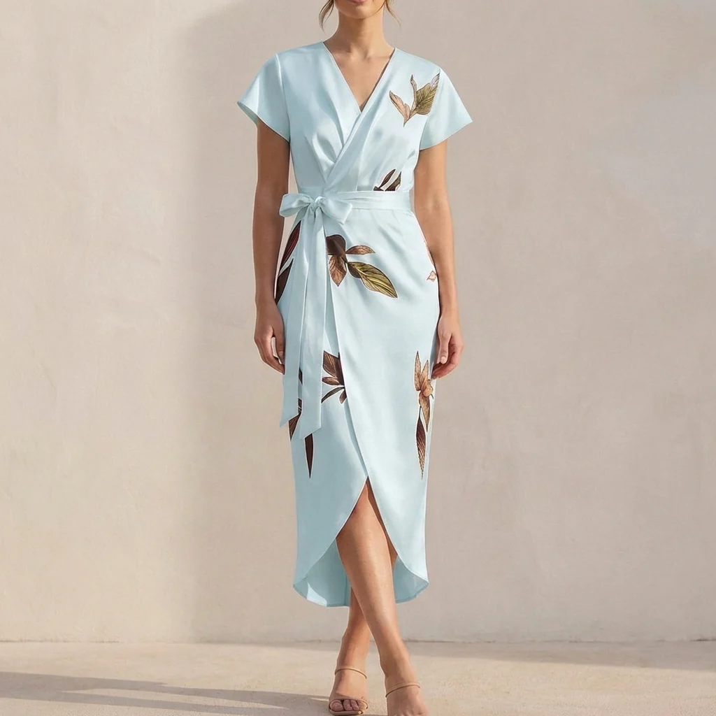 Isabella Wrap Dress | Leaf Print V-Neck Midi Dress - Image 3