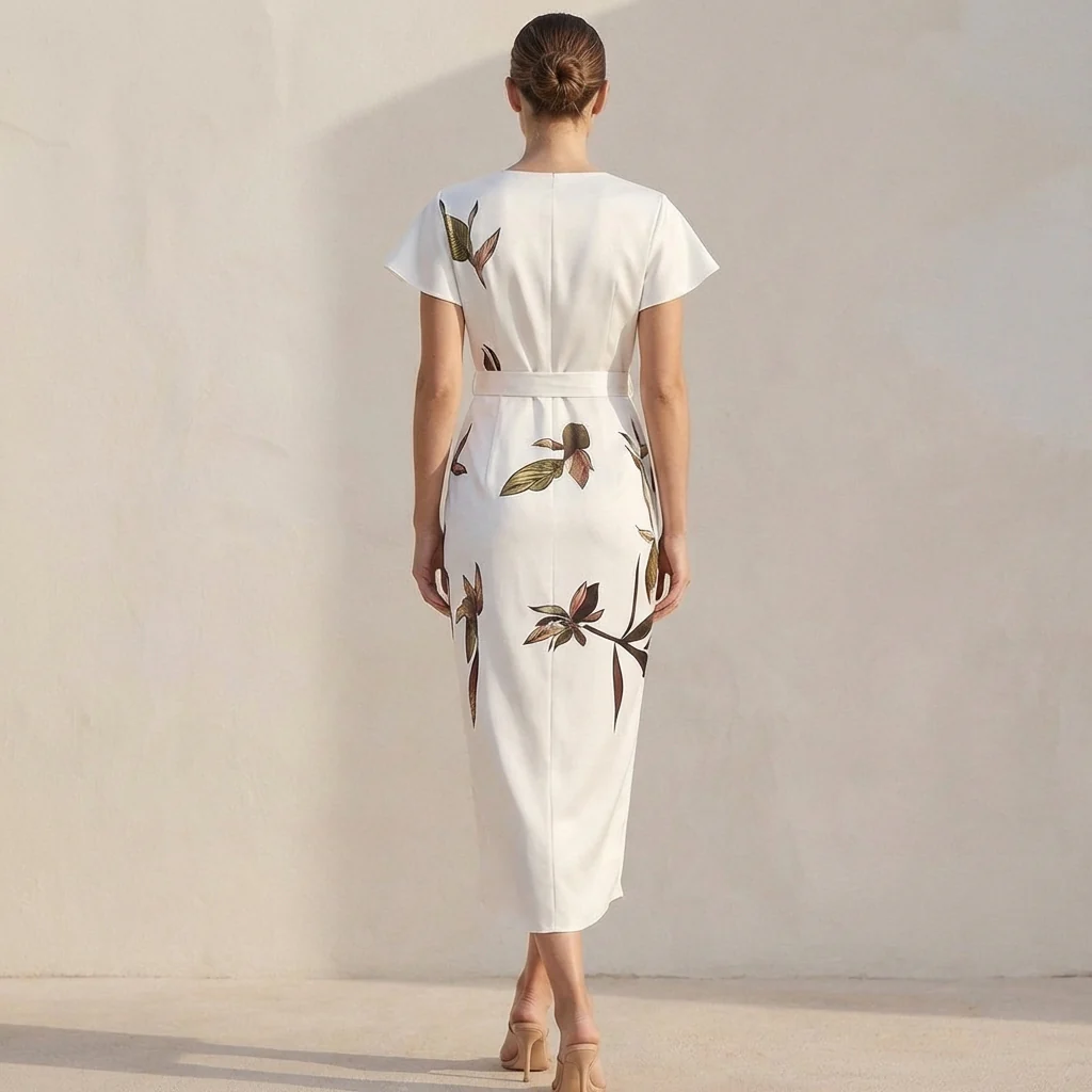 Isabella Wrap Dress | Leaf Print V-Neck Midi Dress - Image 4