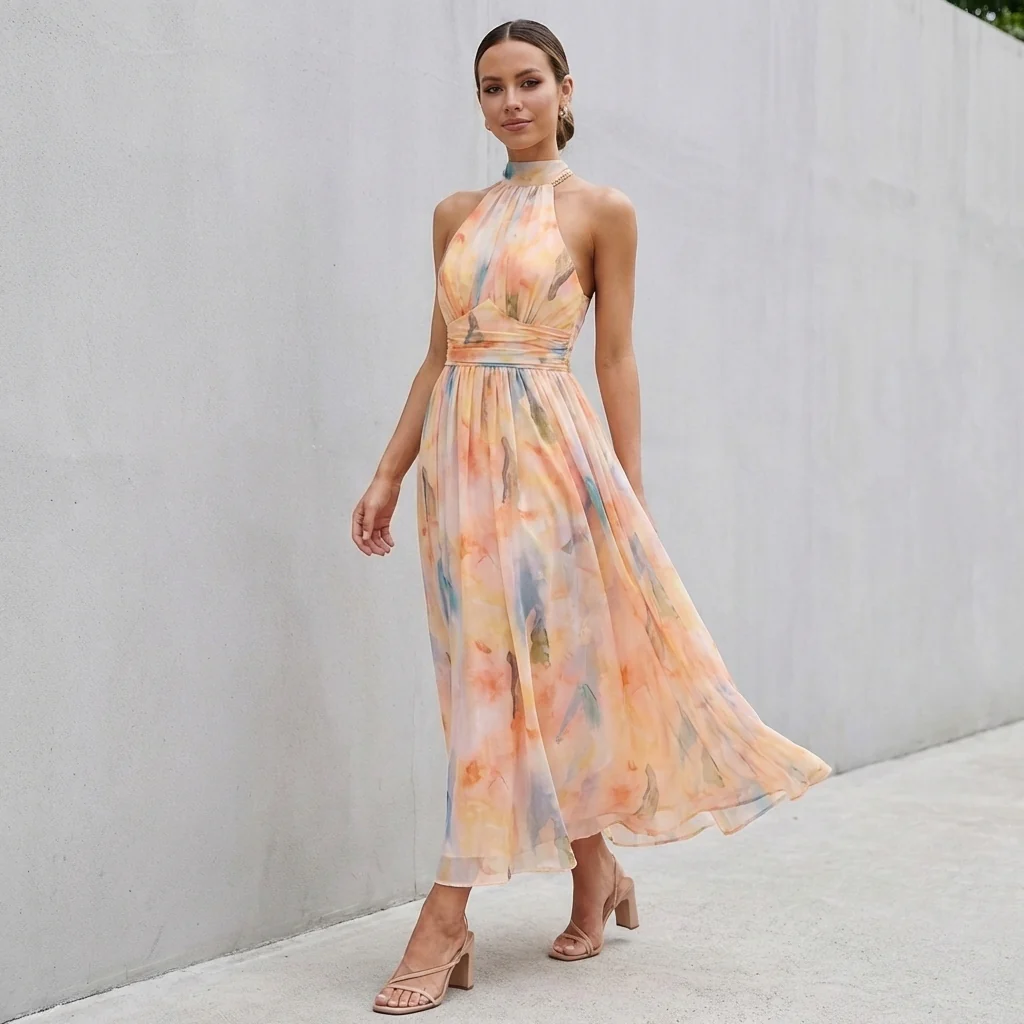 Isla A-Line Maxi Dress | Halter Neck Floral Sleeveless Dress - Image 2