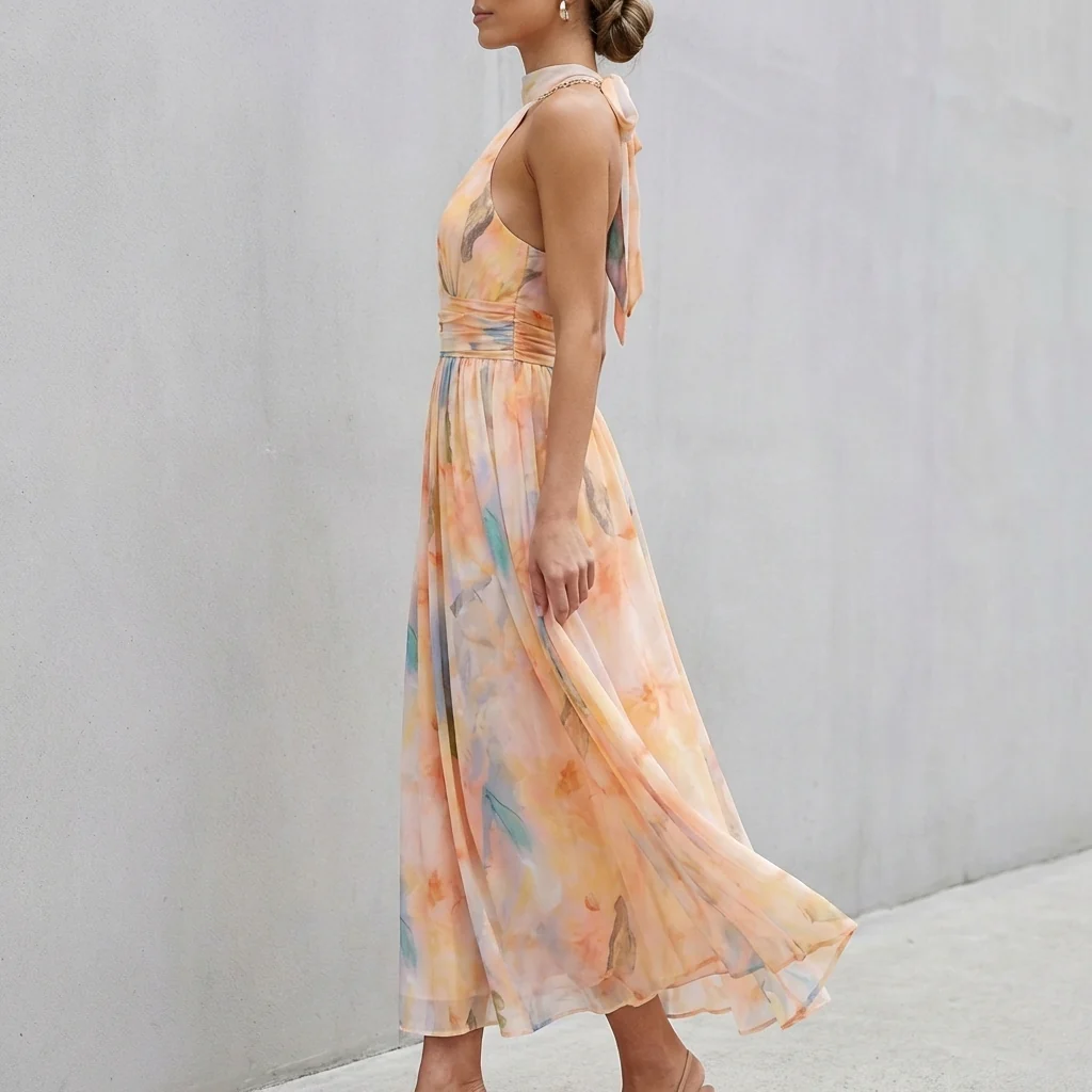 Isla A-Line Maxi Dress | Halter Neck Floral Sleeveless Dress - Image 3