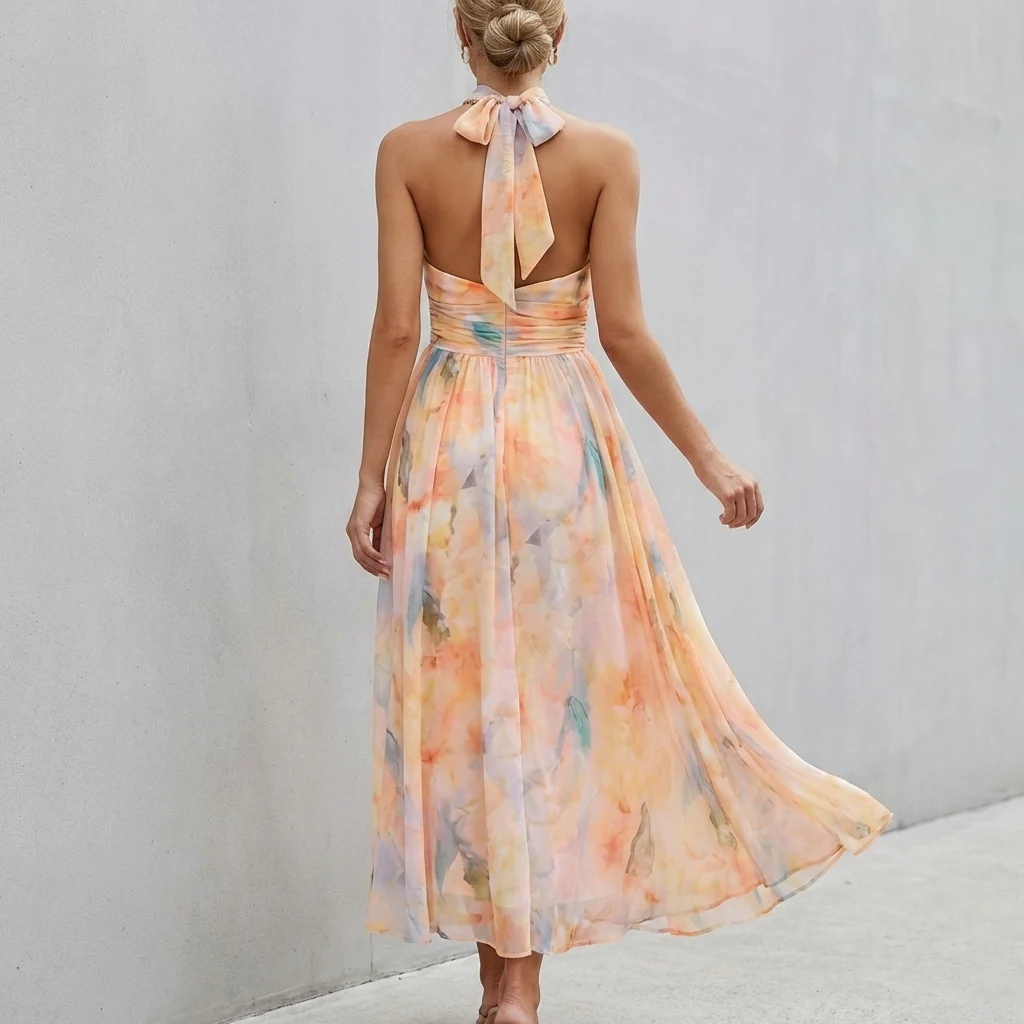 Isla A-Line Maxi Dress | Halter Neck Floral Sleeveless Dress - Image 4