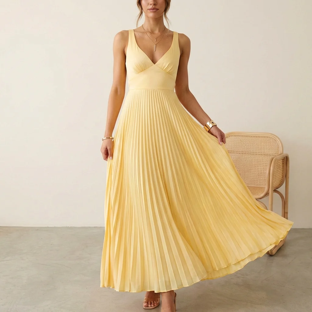 Isla A-Line Maxi Dress | Pleated V-Neck Sleeveless Dress