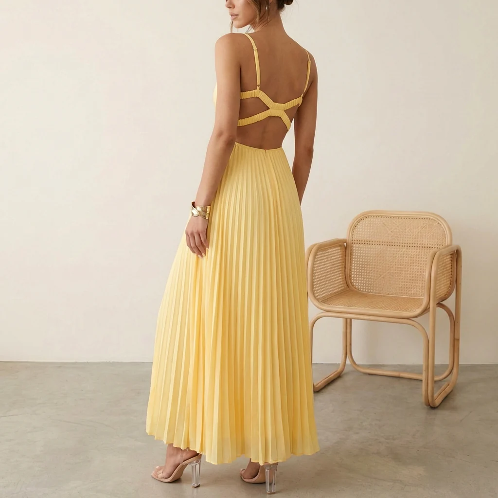 Isla A-Line Maxi Dress | Pleated V-Neck Sleeveless Dress - Image 3