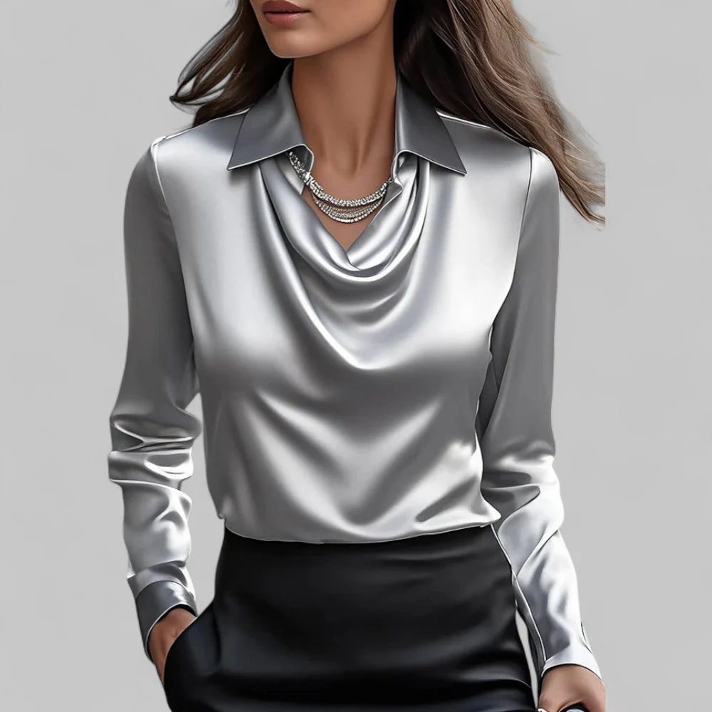 Isla Draped Fit Blouse | Draped Neck Long Sleeve Blouse - Image 2