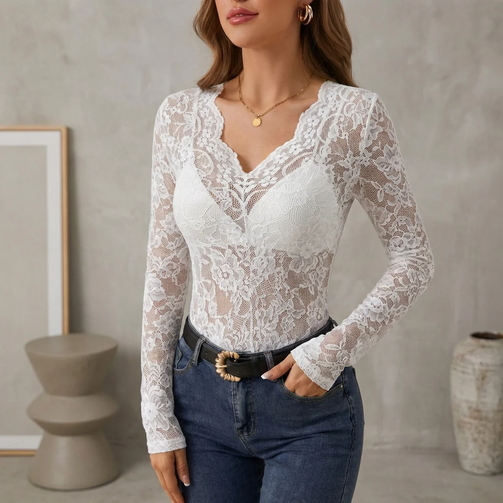 Isla Fitted Lace Top | Scalloped Trim Sheer Lace Top - Image 3