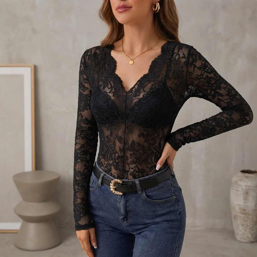 Isla Fitted Lace Top | Scalloped Trim Sheer Lace Top - Image 4