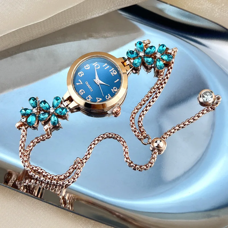 Isla Floral Jeweled Bracelet Style Wristwatch | Fur Trim Wristwatch - Image 3