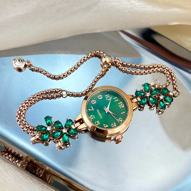 Isla Floral Jeweled Bracelet Style Wristwatch | Fur Trim Wristwatch - Image 5