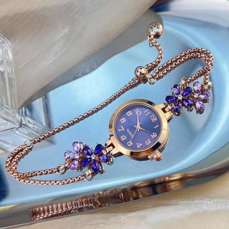 Isla Floral Jeweled Bracelet Style Wristwatch | Fur Trim Wristwatch - Image 6