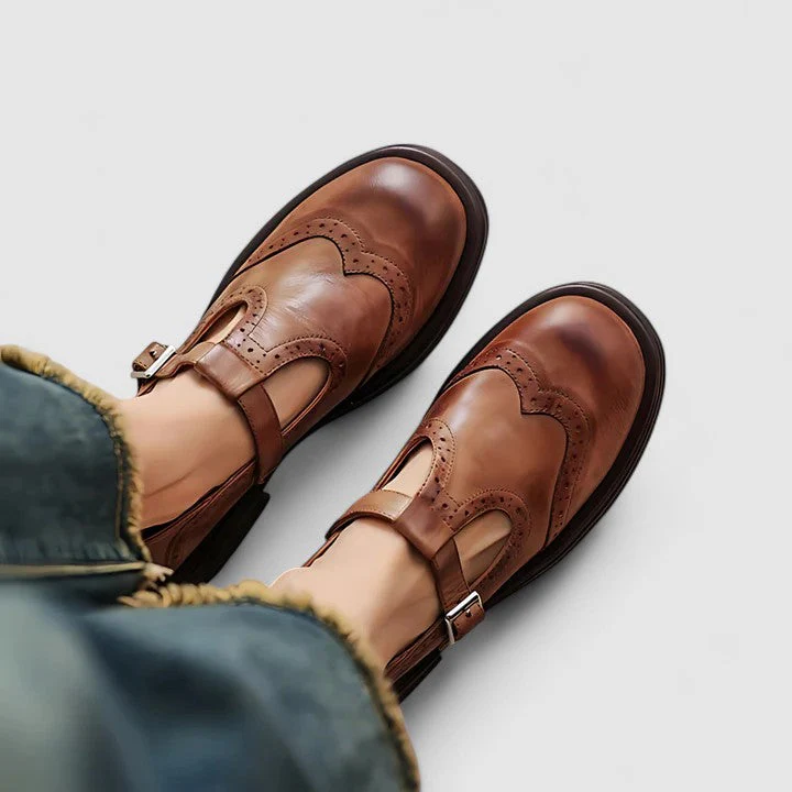 Isla Brogue T-Strap Shoes | Chunky Sole Buckle Shoes