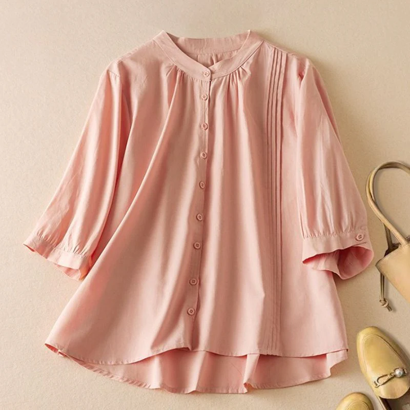 Isla Relaxed Fit Blouse | Band Collar 3/4 Sleeve Blouse - Image 2