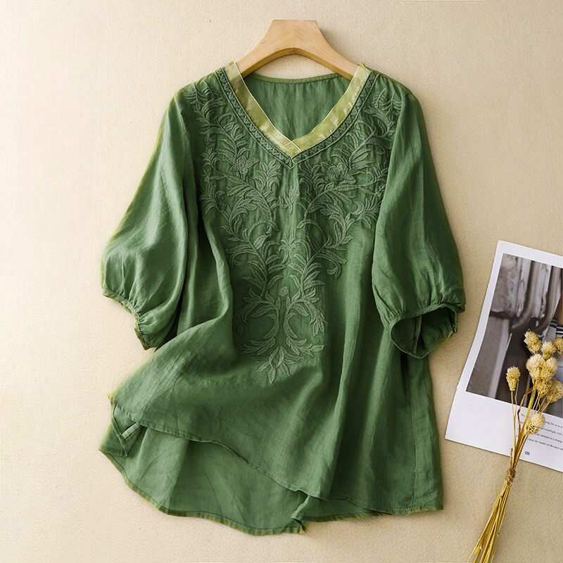 Isla Relaxed Fit Blouse | Embroidered V-Neck Three-Quarter Sleeve Blouse