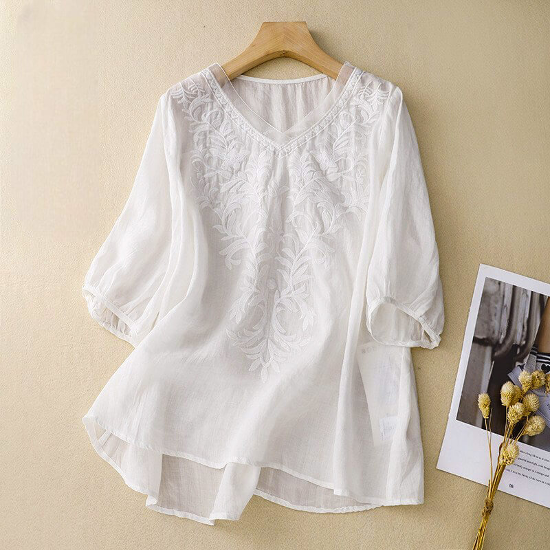 Isla Relaxed Fit Blouse | Embroidered V-Neck Three-Quarter Sleeve Blouse - Image 2