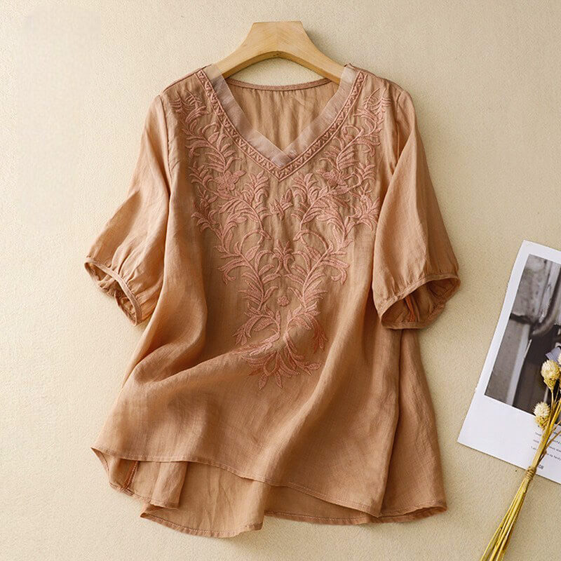 Isla Relaxed Fit Blouse | Embroidered V-Neck Three-Quarter Sleeve Blouse - Image 3