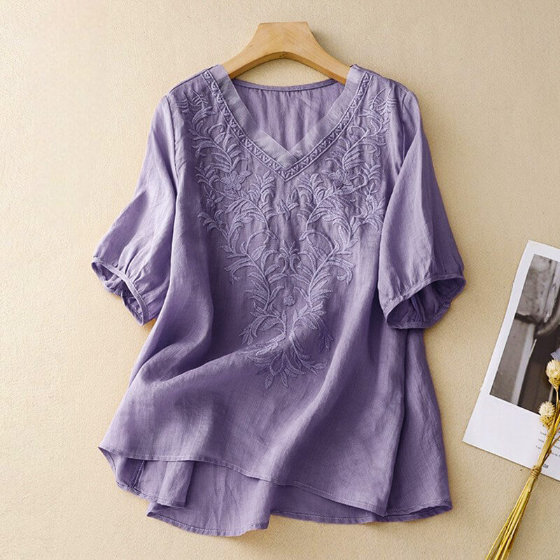 Isla Relaxed Fit Blouse | Embroidered V-Neck Three-Quarter Sleeve Blouse - Image 4