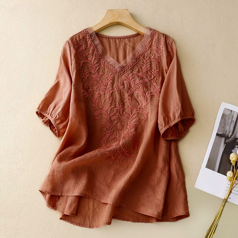 Isla Relaxed Fit Blouse | Embroidered V-Neck Three-Quarter Sleeve Blouse - Image 5