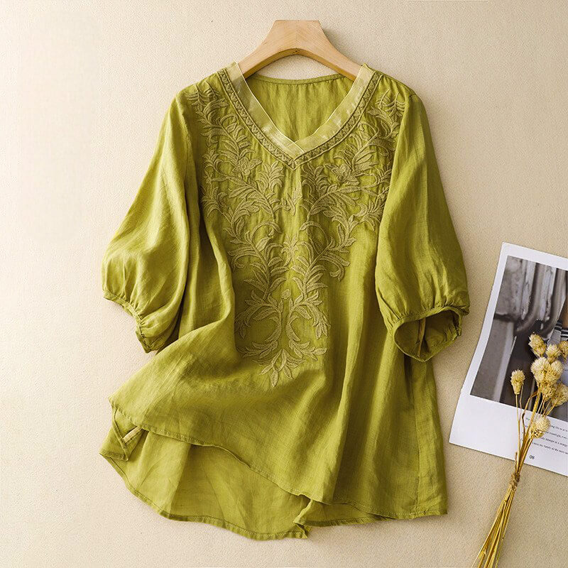 Isla Relaxed Fit Blouse | Embroidered V-Neck Three-Quarter Sleeve Blouse - Image 6