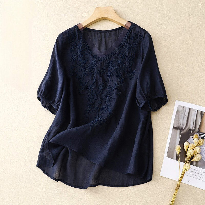 Isla Relaxed Fit Blouse | Embroidered V-Neck Three-Quarter Sleeve Blouse - Image 7