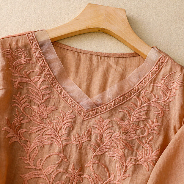 Isla Relaxed Fit Blouse | Embroidered V-Neck Three-Quarter Sleeve Blouse - Image 8