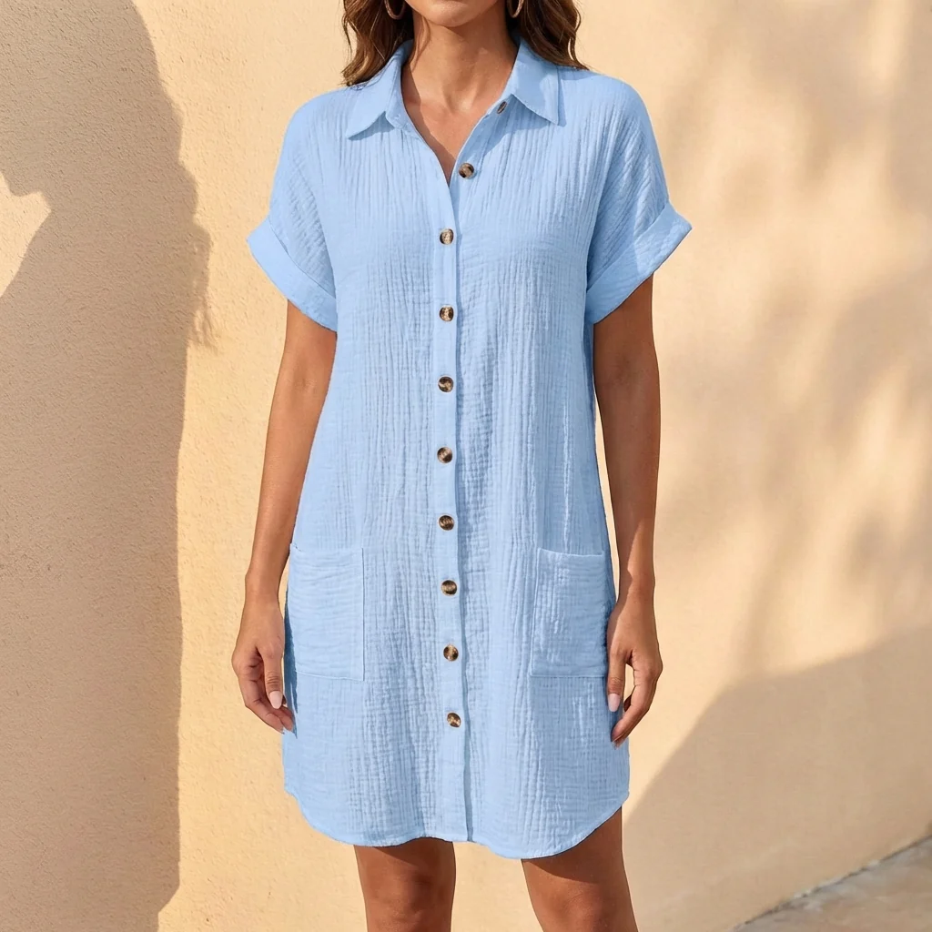 Isla Linen Relaxed Fit Shirt Dress | Collared Button Front Dress - Image 3