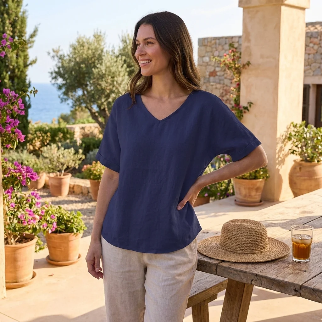 Isla Loose Fit Blouse | V-Neck Short Sleeve Blouse - Image 2