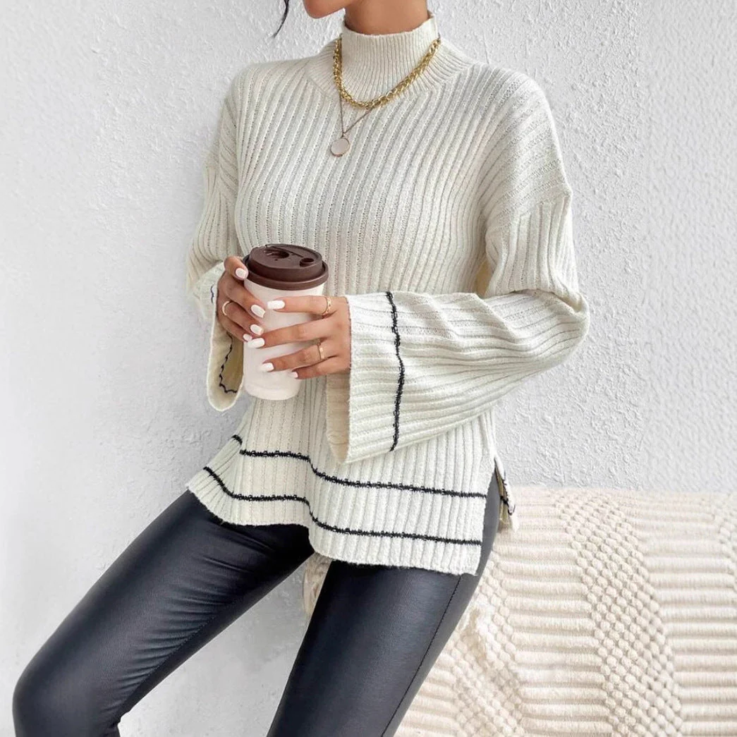 Isla Loose Fit Sweater | Ribbed Side Slits Bell Sleeve Sweater - Image 3