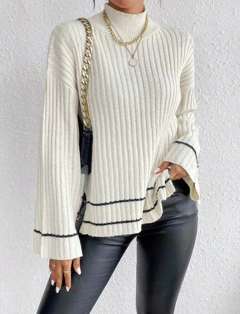 Isla Loose Fit Sweater | Ribbed Side Slits Bell Sleeve Sweater - Image 5