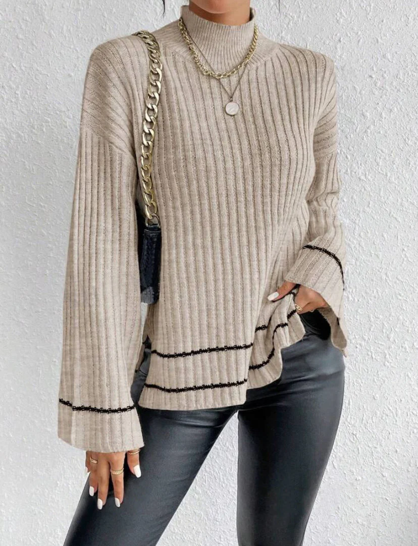 Isla Loose Fit Sweater | Ribbed Side Slits Bell Sleeve Sweater - Image 6
