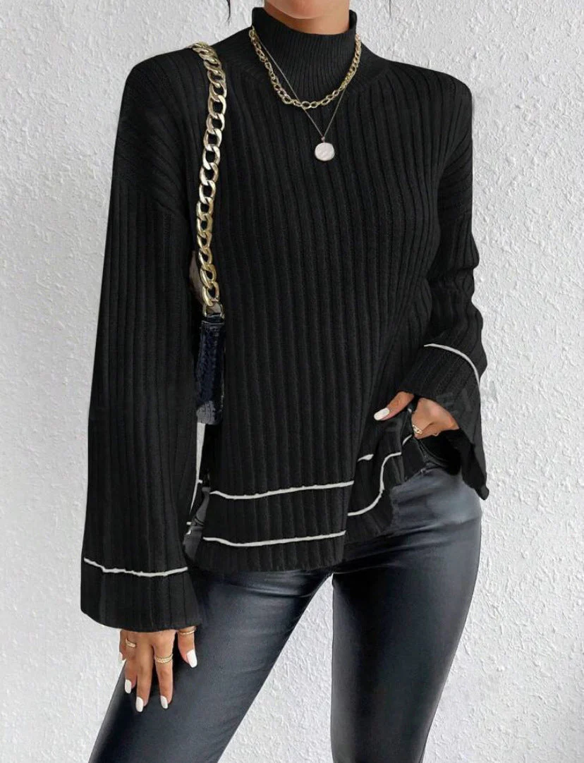 Isla Loose Fit Sweater | Ribbed Side Slits Bell Sleeve Sweater - Image 7