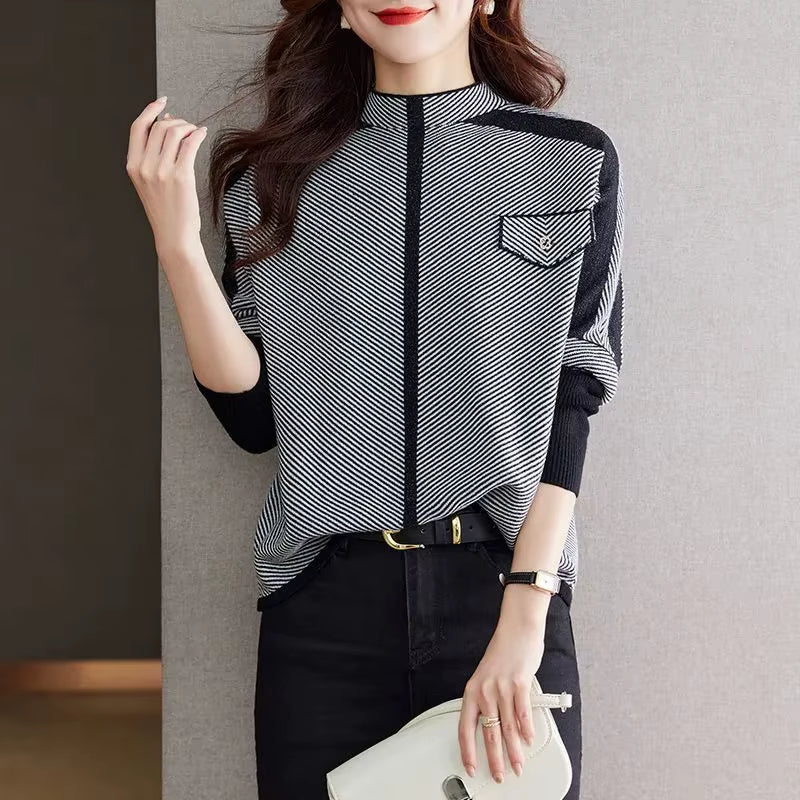 Isla Mock Neck Hip-Length Pullover | Diagonal Stripe Contrast Panels Pullover - Image 3
