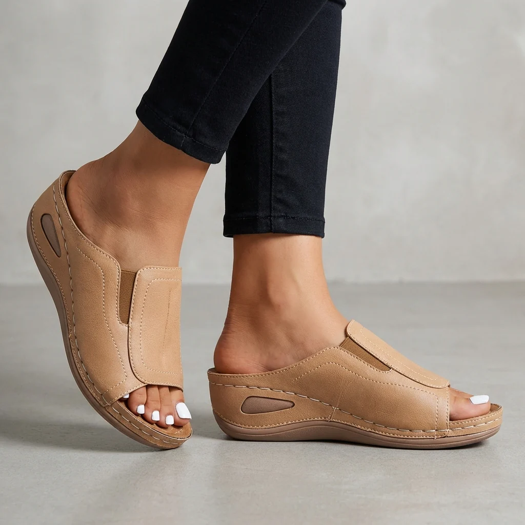 Isla Orthopedic Relaxed Fit Slide Sandals | Contrast Stitching Wedge Heel Sandals
