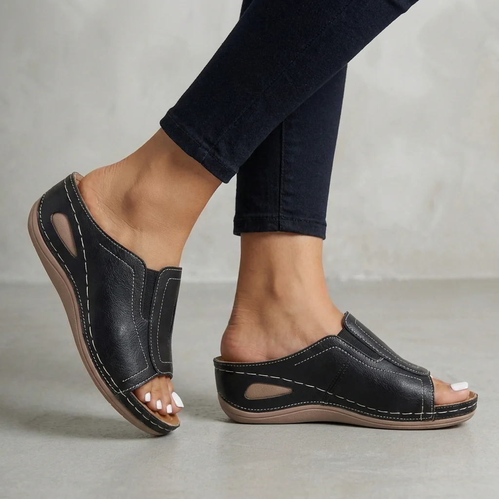 Isla Orthopedic Relaxed Fit Slide Sandals | Contrast Stitching Wedge Heel Sandals - Image 2