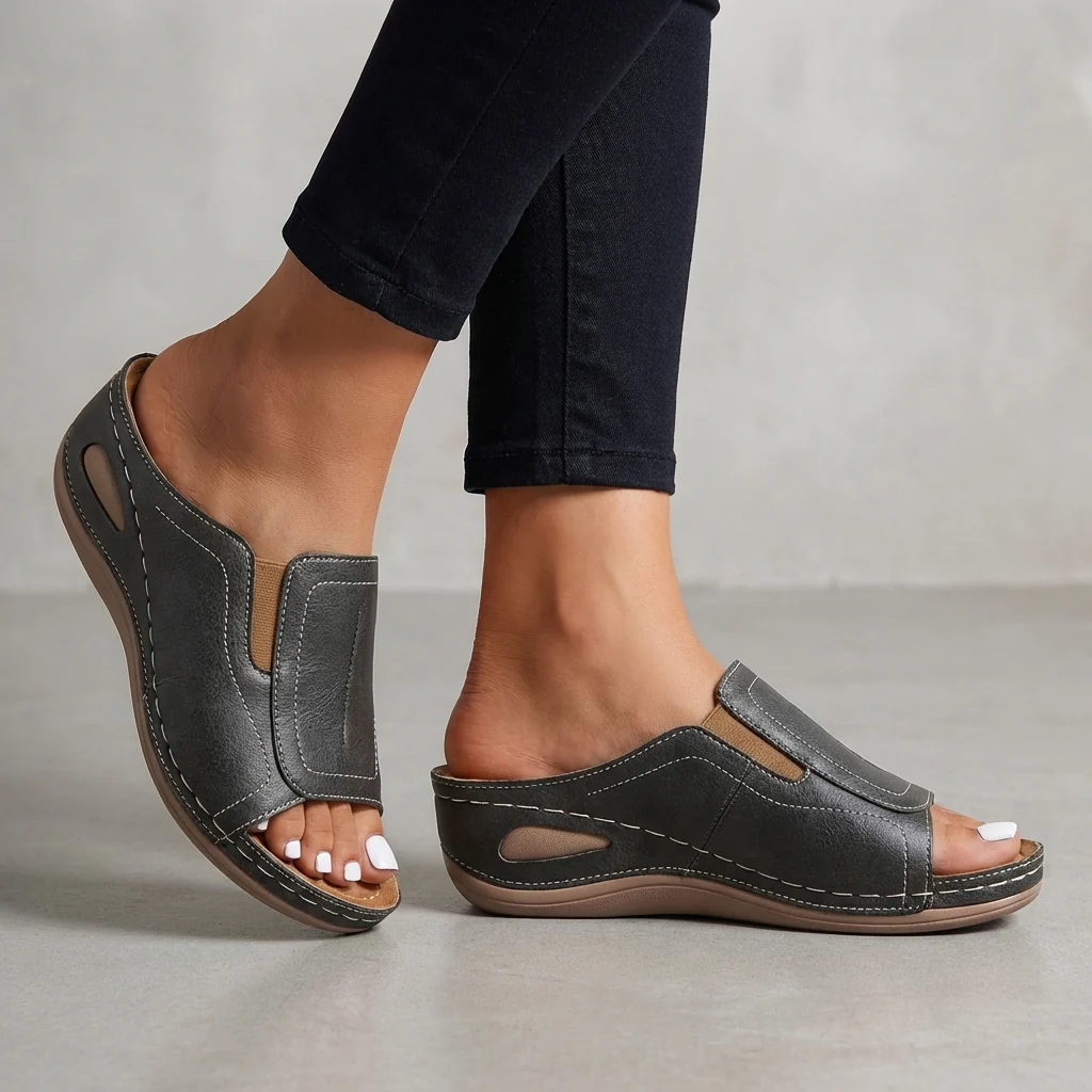 Isla Orthopedic Relaxed Fit Slide Sandals | Contrast Stitching Wedge Heel Sandals - Image 3