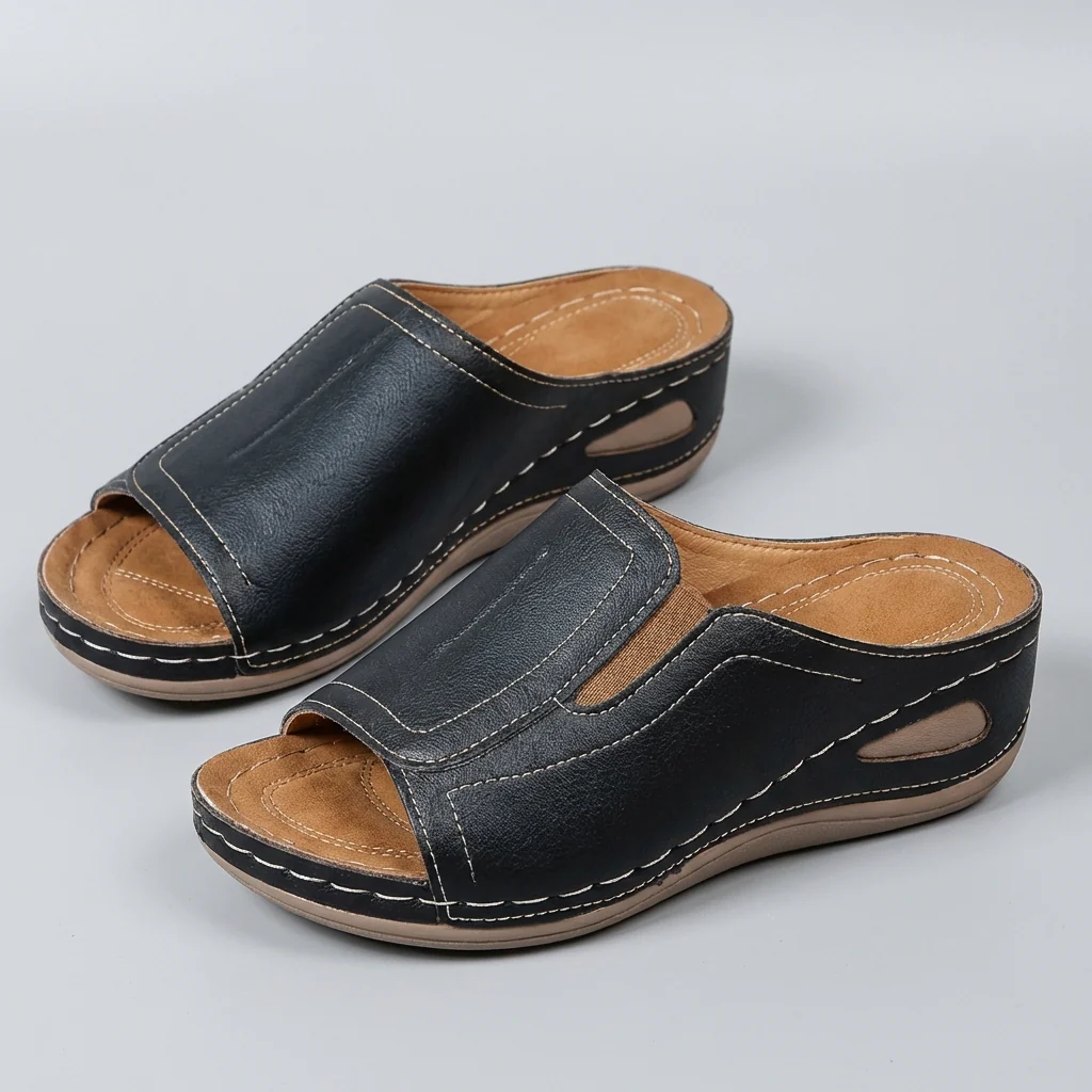 Isla Orthopedic Relaxed Fit Slide Sandals | Contrast Stitching Wedge Heel Sandals - Image 5
