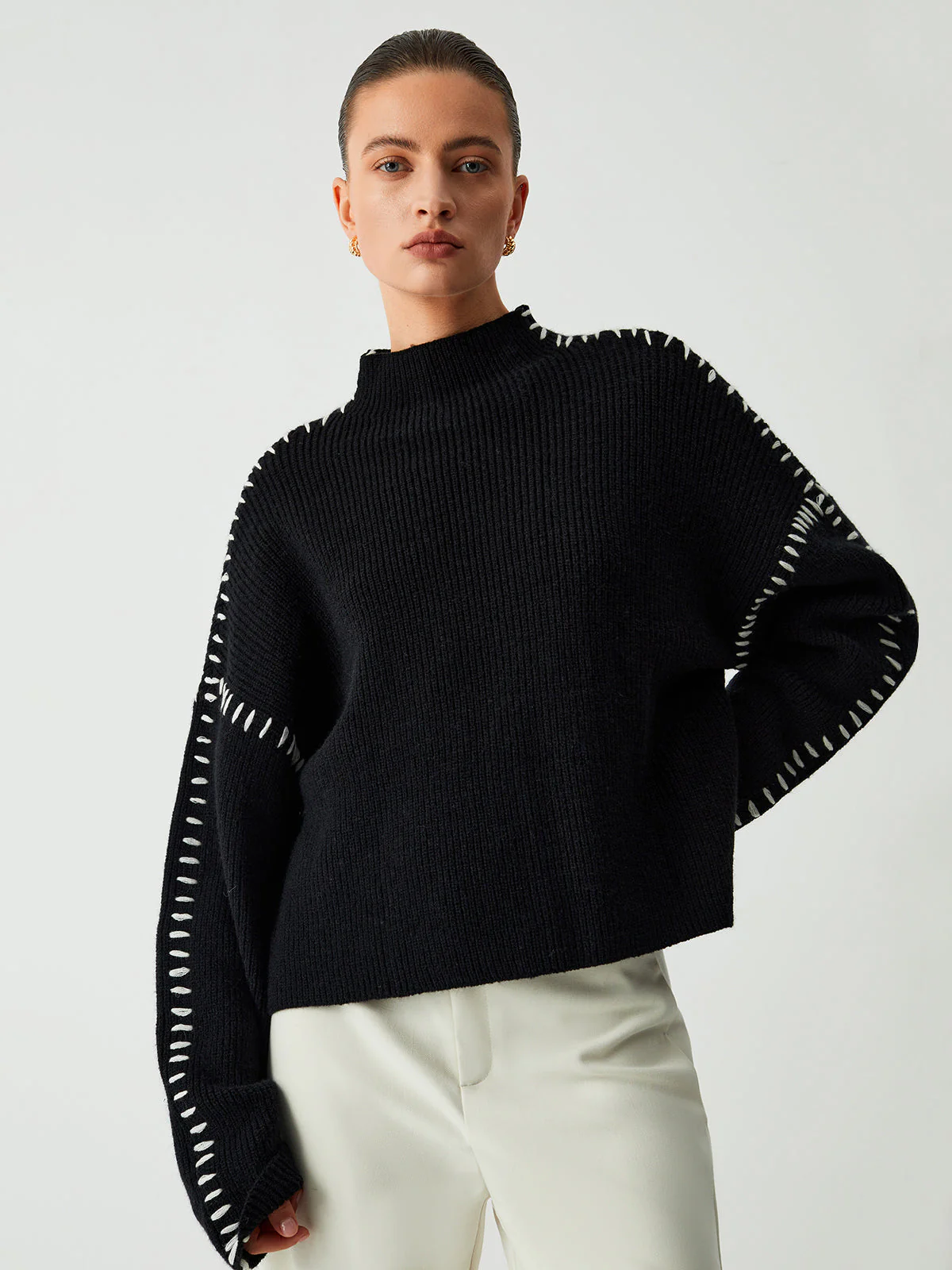 Isla Oversized Mock Neck Sweater | Ribbed Knit Contrast Stitching Sweater