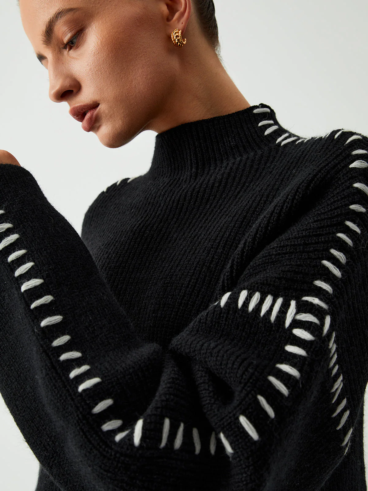 Isla Oversized Mock Neck Sweater | Ribbed Knit Contrast Stitching Sweater - Image 2