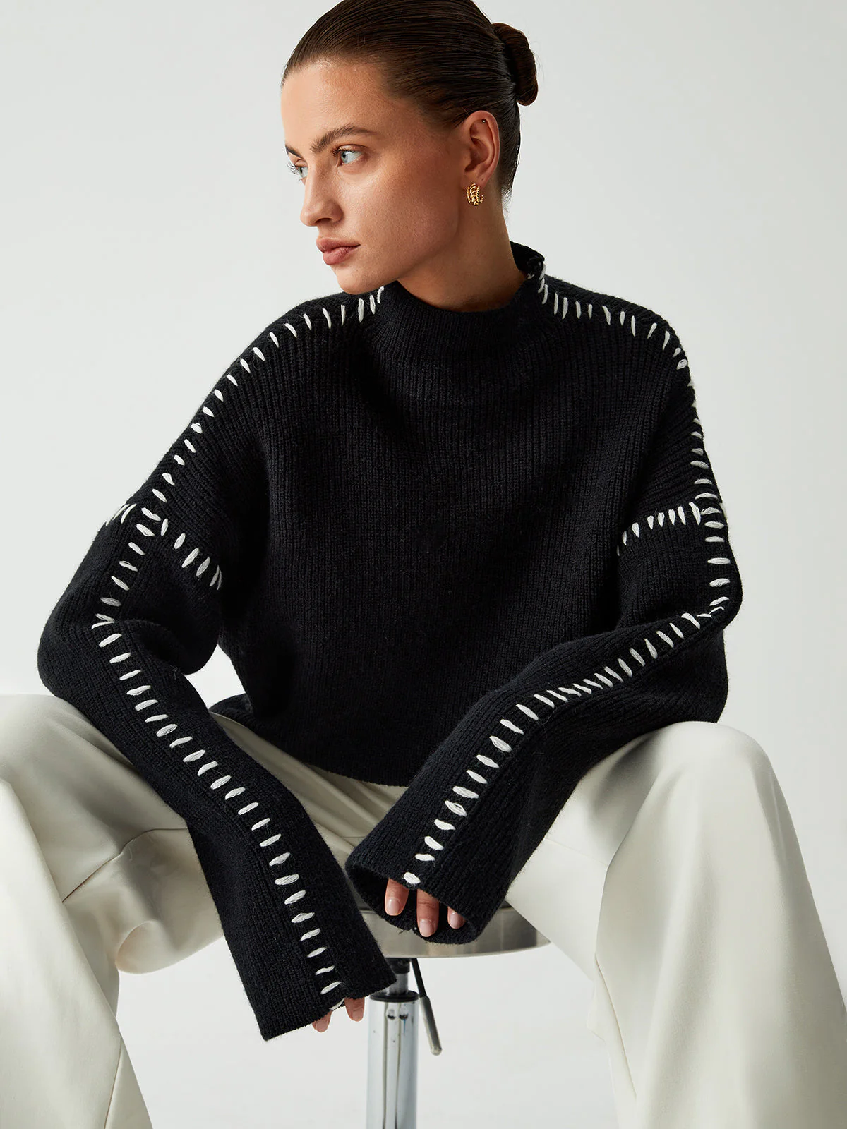 Isla Oversized Mock Neck Sweater | Ribbed Knit Contrast Stitching Sweater - Image 3