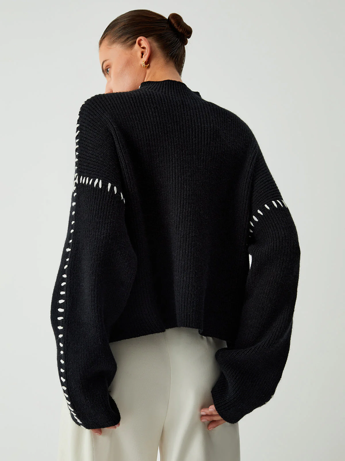 Isla Oversized Mock Neck Sweater | Ribbed Knit Contrast Stitching Sweater - Image 4