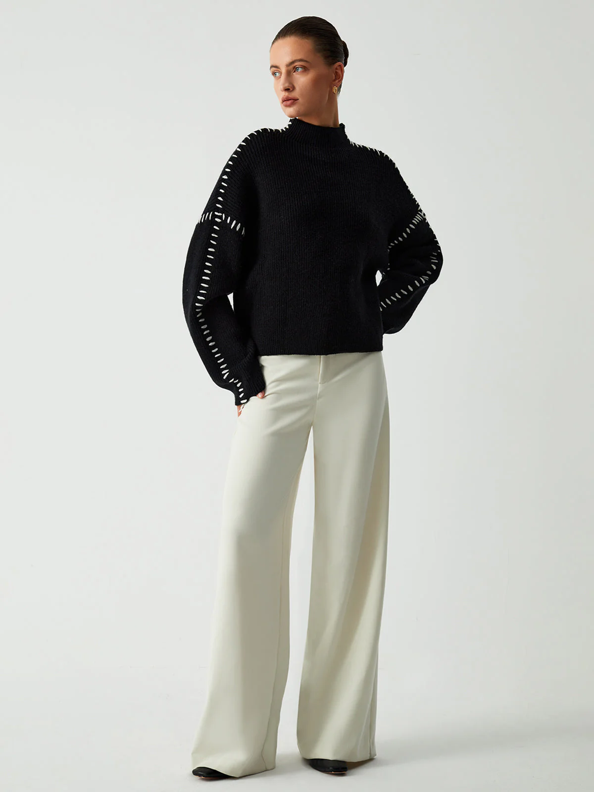 Isla Oversized Mock Neck Sweater | Ribbed Knit Contrast Stitching Sweater - Image 5